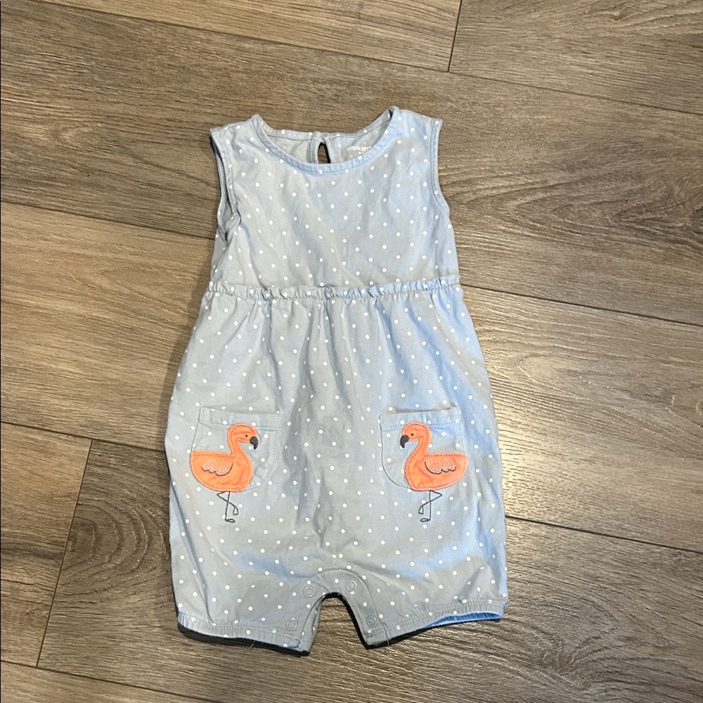 Adorable Blue Polka Dot Baby Romper with Flamingo Design Size 24 months